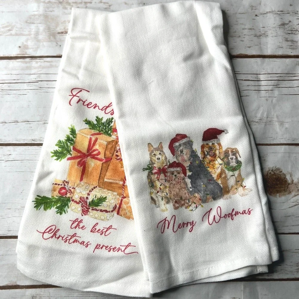 NWOT French Graffiti Tea Towel Set White Christmas Dogs Gifts OS